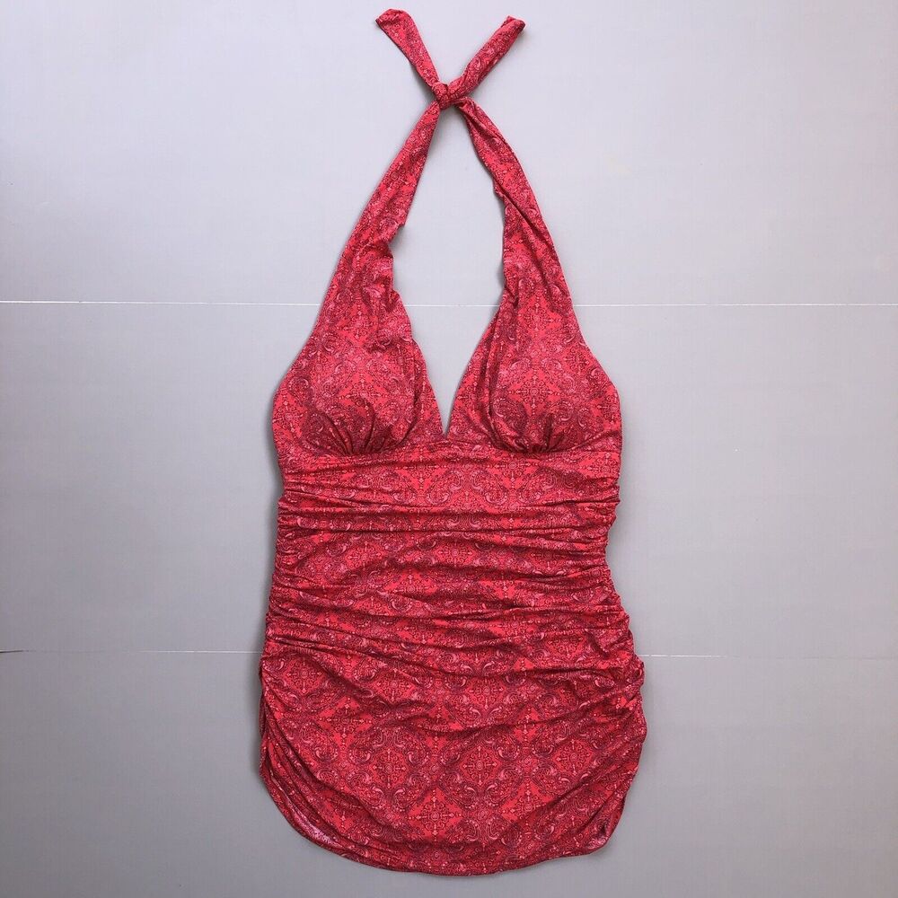 COOLIBAR Women 14 One Piece Swimsuit Halter Ruched UPF 50+ Paisley Red New